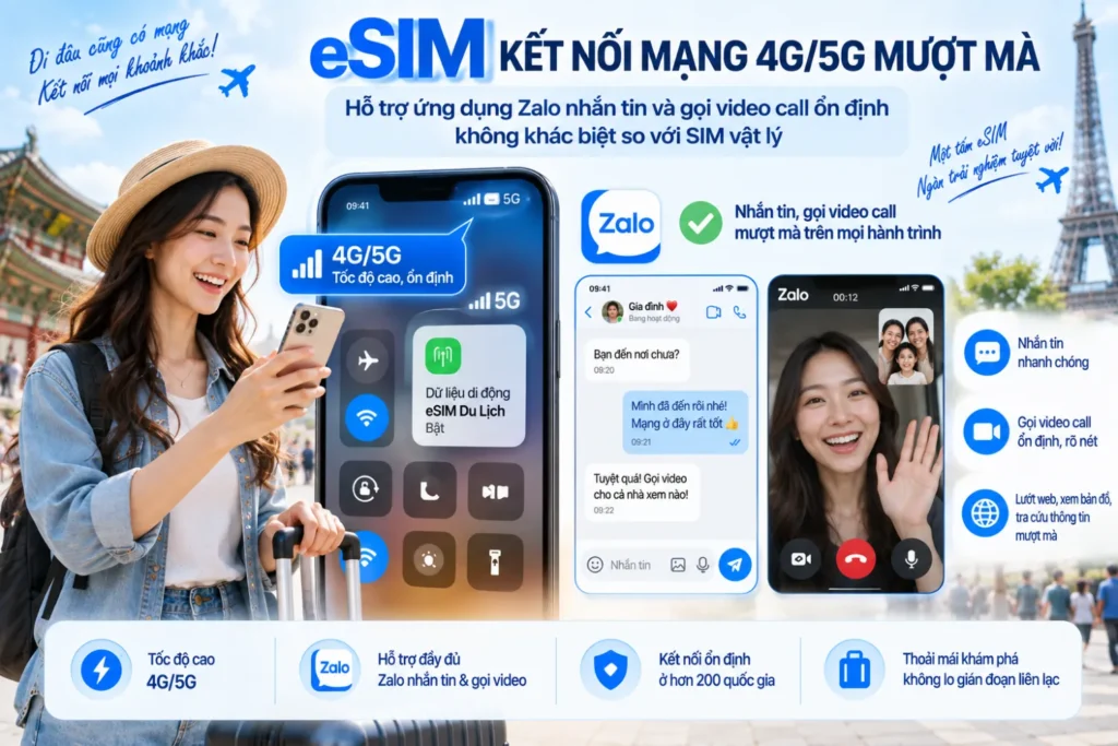 eSIM kết nối mạng 4G/5G mượt mà, hỗ trợ ứng dụng Zalo nhắn tin và gọi video call ổn định không khác biệt so với SIM vật lý